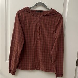 Prana Rust and Plum Plaid Snap 1/2 Hooded Top